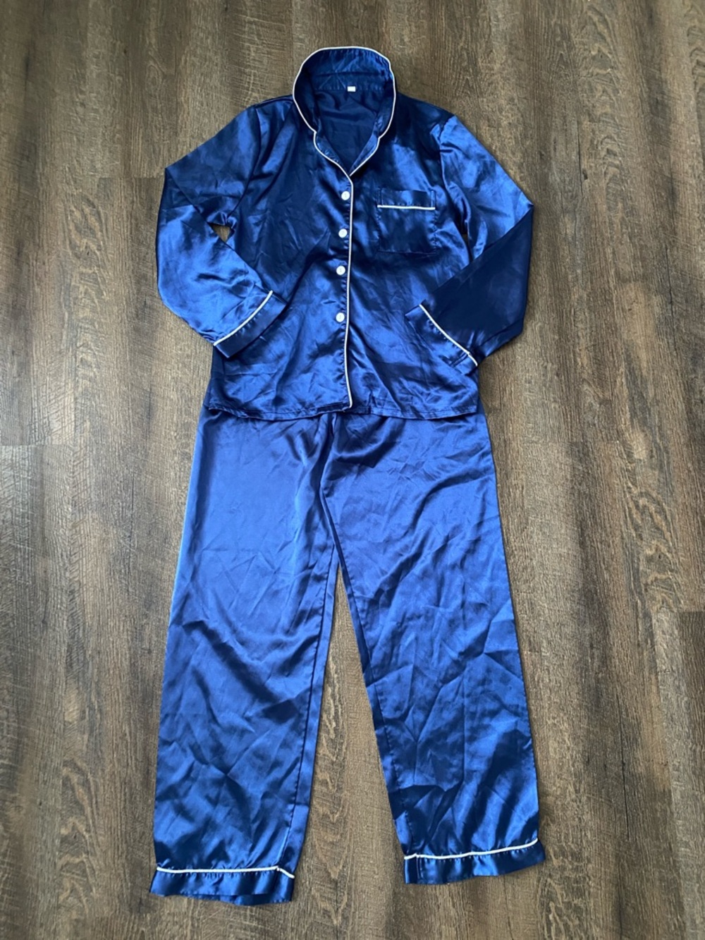 Satin Navy Blue Pajama Set with White Piping